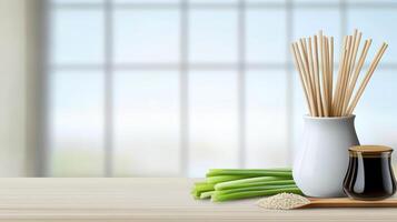 Still life of chopsticks, sauce, and greens on table, against a blurred window for food ads photo