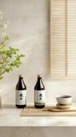 Still life of asian drinks on a table near a window with blossom branch in the background photo