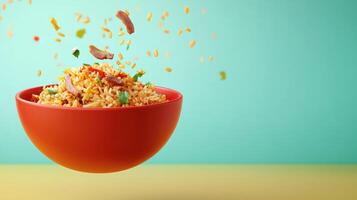 Stir-fried rice with meat flying in orange bowl on yellow surface, teal background, for menu photo