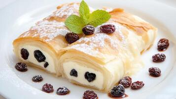 Strudel on plate. Baking with cream cheese and raisins. Dessert in restaurant photo