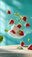 Strawberries falling onto whipped cream, creating splash on wooden table with blue backdrop for menu design photo