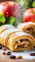 Strudel, sliced, getting powdered sugar sprinkled, on wooden surface, with apples in background photo