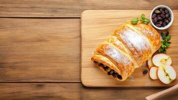 Strudel dusted with sugar, apples, and raisins on board. Wood table background photo