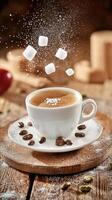 Sugar cubes falling into an espresso on a rustic wooden table, surrounded by scattered coffee beans photo