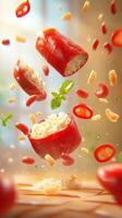 Stuffed red pepper falls onto a table. Rice inside. Food preparation background use photo