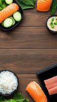 Sushi arranged on wooden table with phone dining concept, food photography, for restaurant menu photo