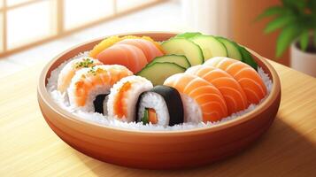 Sushi meal set with fish and vegetables served on a bowl at a table, food presentation photo