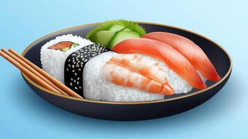 Sushi plate of assorted rolls and nigiri, fresh fish, and rice set on plain background for commercial use photo