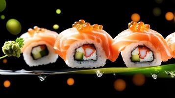 Sushi rolls with salmon and caviar on a bamboo leaf, against a dark bokeh background, for dining menus photo