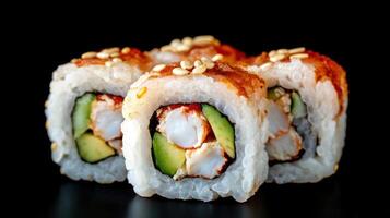 Sushi rolls with shrimp, avocado and cucumber on a dark surface, ideal for a food blog or menu photo