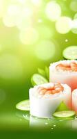 Sushi rolls with shrimps and cucumber slices, bokeh background for food menu or social media photo