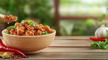 Sweet and sour chicken in a bowl on wood table, served on spoon with a forest background photo