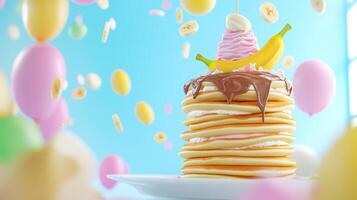 Sweet pancake stack with banana and cream drizzled with syrup on the plate against a blurred background photo