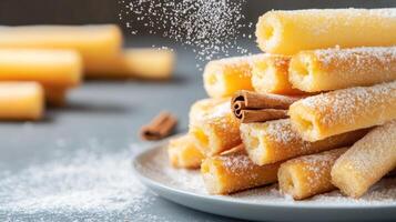 Sweet rolls being sprinkled with powdered sugar on plate, in studio, with blurred background photo