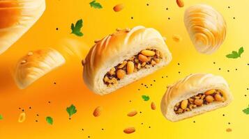 Sweet rolls filled with nuts float on a yellow gradient backdrop. Perfect for breakfast photo