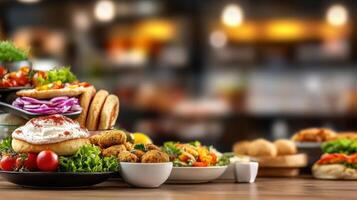 Table setting, food assortment in a restaurant for an event or menu. People in the background photo