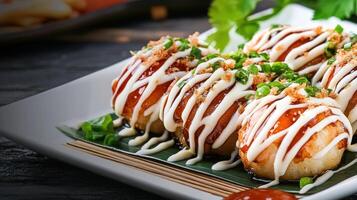 Takoyaki balls on a plate with sauce drizzle in restaurant for meal, snack or food service photo
