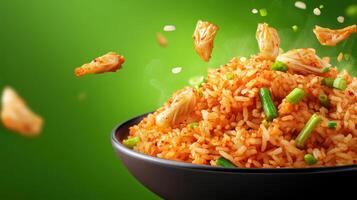 Tasty kimchi fried rice with herbs flying on green background for cooking blog or cookbook photo