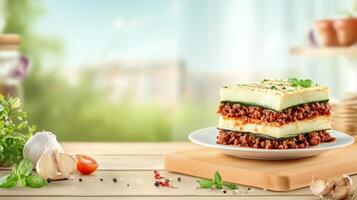 Tasty moussaka plate served on wooden table. Fresh herbs, window background for healthy eating photo