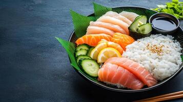 Tasty seafood sashimi with rice, cucumber, and lemon on a plate for dinner on dark background photo