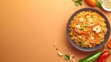 Tasty shrimp fried rice in a bowl on a brown background with vegetables and nuts for menu use photo