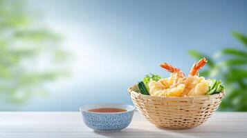 Tempura shrimp in a bowl with sauce on a table, sunny background, possibly for a restaurant menu photo