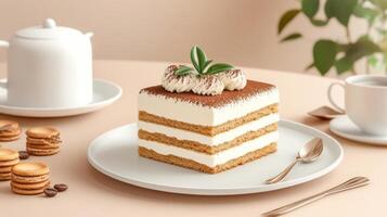 Tiramisu on a plate with coffee. A teapot macarons are in the background. For cafe menus photo