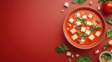 Tofu and bean soup with fresh basil, top view, recipe food blog or restaurant menu photo