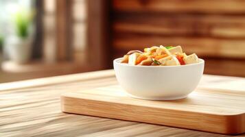 Tofu and vegetable stir fry in a white bowl on a wooden block at home with blurred background photo