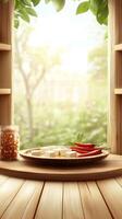 Tofu and peppers on window sill with garden view, for vegetarian food ads photo