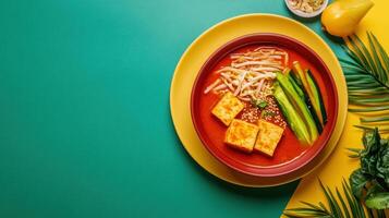 Tofu cubes in a red soup dish with vegetables served on a yellow plate with green and yellow background photo