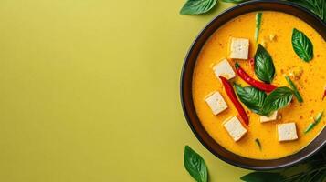 Tofu in curry served on a plate with herbs against a green background, suitable for menus photo