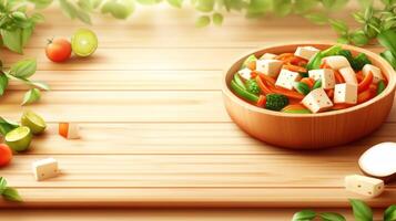 Tofu salad, served in wooden bowl on wooden table, with lime, tomato and greens in the background for food blog photo