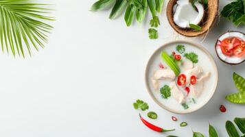 Tom Kha Gai Chicken soup with vegetables, served in white bowl, with tropical leaf background photo