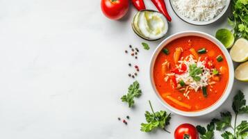 Tom Yum soup with herbs, vegetables, and rice bowl on a white surface. Food photography photo
