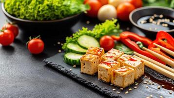 Tofu sushi with vegetables. Food presentation. Healthy eating or diet. Cooking background photo