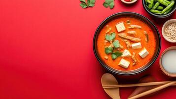 Tom Yum soup with tofu, greens and spices served on red surface with wooden spoons and condiments photo