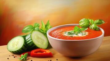 Tomato soup served in a bowl with cucumber and basil on the table in a bright background for food blog photo