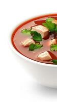 Tomato soup with tofu and parsley in a white bowl, isolated on white. For food photography, diet photo
