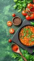 Tomato soup with parsley on a green stone background for food photography and cooking blog photo