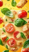 Tomato soup with basil and croutons on a yellow background, served and ready for eating photo