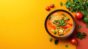 Tomato soup with pasta, vegetables, and herbs on colorful background, to be used for cooking photo