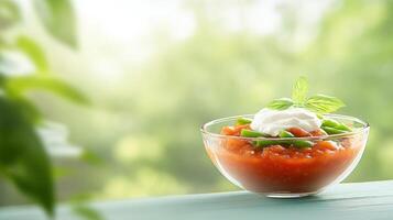 Tomato-based stew in a glass bowl topped with sour cream and basil on a blurry nature background photo