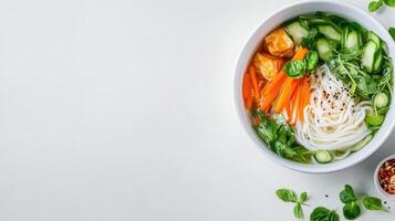 Top view of a delicious noodle soup with veggies, in a bowl on a white background for recipe photo