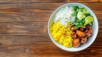 Top view of a bowl with cooked chicken, rice and cucumbers on a wooden table for recipe concept photo