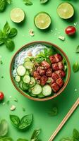 Top view of a food bowl with basil and lime on a vibrant green background for healthy eating concepts photo