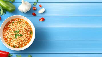 Top view of noodle soup on blue wooden table with pepper and garlic on the side for menu design photo