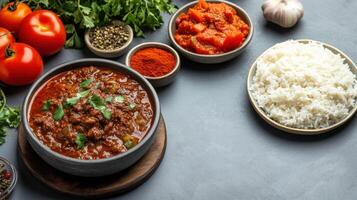 Top view of stew and rice dish with fresh ingredients, on a table, with a blank space for text photo