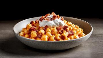Tot appetizer. Cheese, bacon bits and cream on small macaroni in a bowl. Fast food dish photo