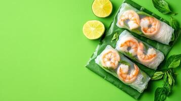 Top-down view of fresh spring rolls with shrimp, lime, and basil on bright green background photo